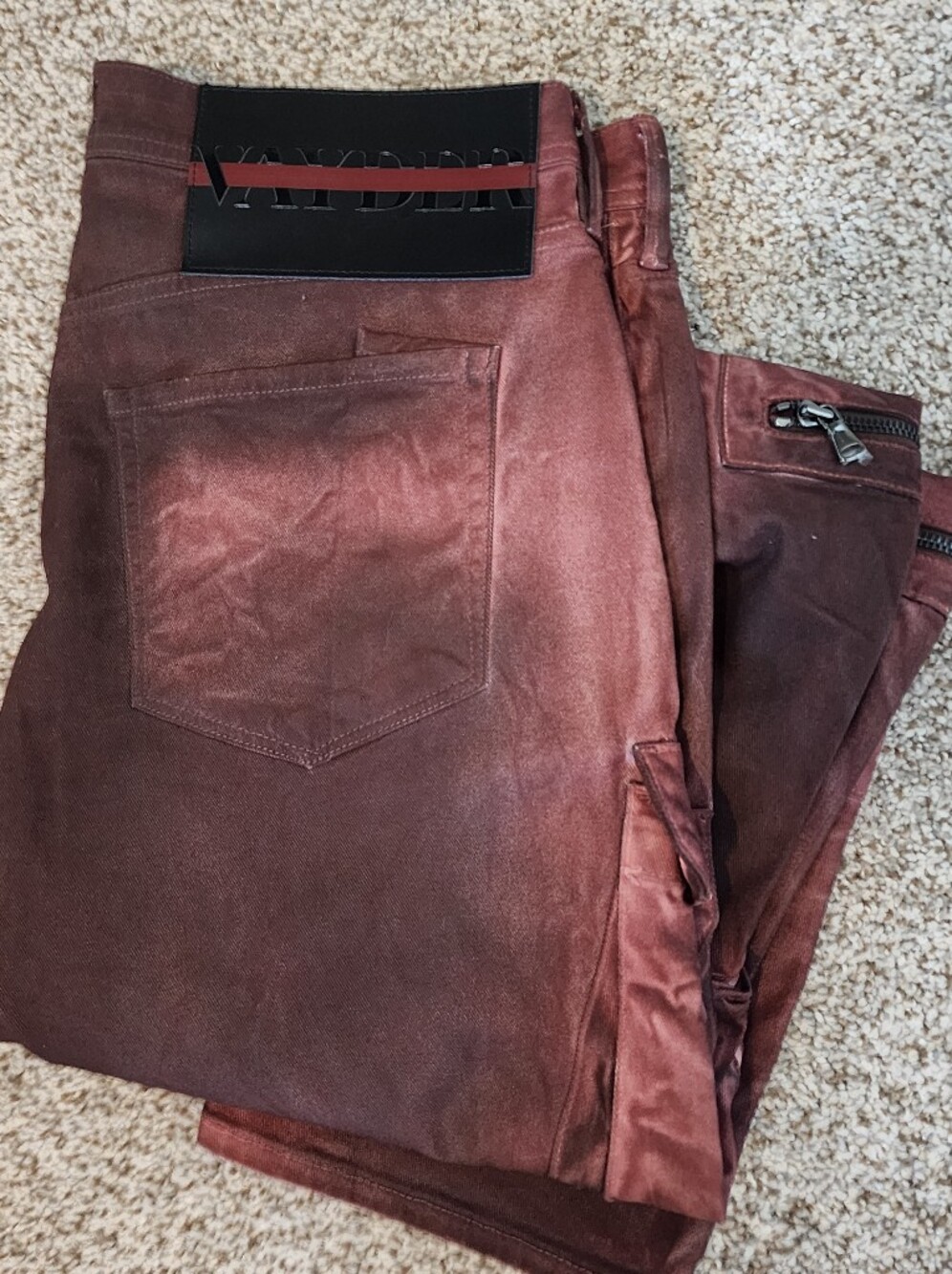 ⚡️VAYDER Men’s Red Black Ombre Biker Moto Cargo Pants Zipper Distressed Jeans 33